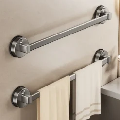 Gunmetal Carbon Steel Towel Rack, Suction Cup Wall-Mounted, No-Drill Bathroom Storage Shelf with Single Bar for Towels and Bath Accessories