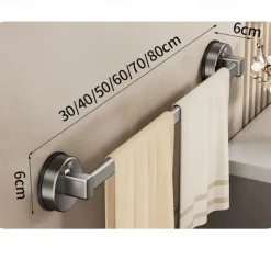 Gunmetal Carbon Steel Towel Rack, Suction Cup Wall-Mounted, No-Drill Bathroom Storage Shelf with Single Bar for Towels and Bath Accessories