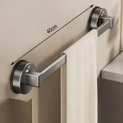 Gunmetal Carbon Steel Towel Rack, Suction Cup Wall-Mounted, No-Drill Bathroom Storage Shelf with Single Bar for Towels and Bath Accessories