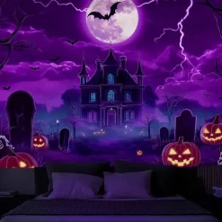 HallAoween Blacklight Tapestry UV Reactive Glow in the Dark Forest Trippy Mountain Misty Graveyard Ghost Hanging Tapestry Wall Art Mural for Living Room Bedroom