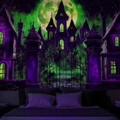 HallAoween Blacklight Tapestry UV Reactive Glow in the Dark Forest Trippy Mountain Misty Graveyard Ghost Hanging Tapestry Wall Art Mural for Living Room Bedroom