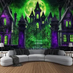 HallAoween Blacklight Tapestry UV Reactive Glow in the Dark Forest Trippy Mountain Misty Graveyard Ghost Hanging Tapestry Wall Art Mural for Living Room Bedroom