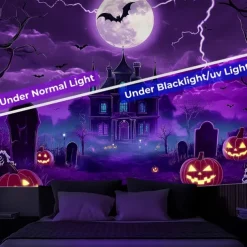HallAoween Blacklight Tapestry UV Reactive Glow in the Dark Forest Trippy Mountain Misty Graveyard Ghost Hanging Tapestry Wall Art Mural for Living Room Bedroom