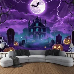 HallAoween Blacklight Tapestry UV Reactive Glow in the Dark Forest Trippy Mountain Misty Graveyard Ghost Hanging Tapestry Wall Art Mural for Living Room Bedroom