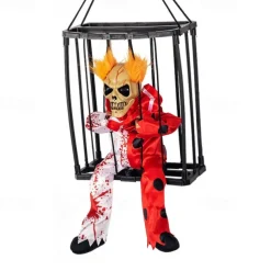 Halloween Animated Decoration, 1pc Motion-Sensor Activated Screaming Clown in Cage with Light-Up Eyes, Spooky Prisoner Ghost Prop for Indoor/Outdoor Decor, Plastic, No Batteries, AA Battery Operated (