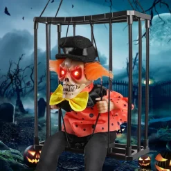 Halloween Animated Decoration, 1pc Motion-Sensor Activated Screaming Clown in Cage with Light-Up Eyes, Spooky Prisoner Ghost Prop for Indoor/Outdoor Decor, Plastic, No Batteries, AA Battery Operated (