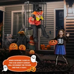 Halloween Animated Decoration, 1pc Motion-Sensor Activated Screaming Clown in Cage with Light-Up Eyes, Spooky Prisoner Ghost Prop for Indoor/Outdoor Decor, Plastic, No Batteries, AA Battery Operated (