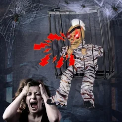 Halloween Animated Decoration, 1pc Motion-Sensor Activated Screaming Clown in Cage with Light-Up Eyes, Spooky Prisoner Ghost Prop for Indoor/Outdoor Decor, Plastic, No Batteries, AA Battery Operated (