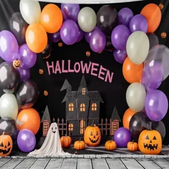 Halloween Balloon Arch Backdrop – Haunted House Pumpkin Ghost Wall Hanging Tapestry Photography Background for Party Bedroom Living Room 2025 Halloween Home Decoration