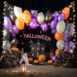 Halloween Balloon Arch Backdrop – Haunted House Pumpkin Ghost Wall Hanging Tapestry Photography Background for Party Bedroom Living Room 2025 Halloween Home Decoration