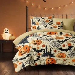 Halloween Beige Duvet Cover Set - Adorable Pumpkin Print to Decorate Your Bedroom - Includes Duvet Cover and Pillowcases - Soft and Cozy Fabric - Perfect for Adding Festive Charm to Your Space