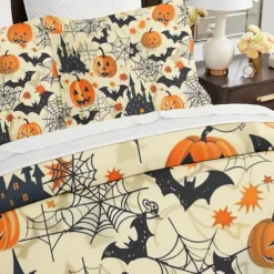Halloween Beige Duvet Cover Set - Adorable Pumpkin Print to Decorate Your Bedroom - Includes Duvet Cover and Pillowcases - Soft and Cozy Fabric - Perfect for Adding Festive Charm to Your Space