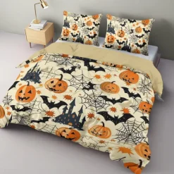Halloween Beige Duvet Cover Set - Adorable Pumpkin Print to Decorate Your Bedroom - Includes Duvet Cover and Pillowcases - Soft and Cozy Fabric - Perfect for Adding Festive Charm to Your Space