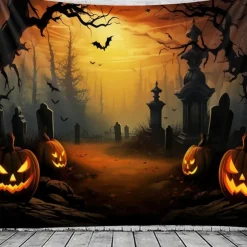 Halloween Black Cat Pumpkin Window Wall Tapestry – Autumn Fall Leaves Bookshelf Gothic Wall Art Backdrop Large Hanging Mural Blanket Curtain for Bedroom Living Room Home Decoration