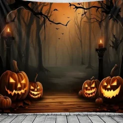 Halloween Black Cat Pumpkin Window Wall Tapestry – Autumn Fall Leaves Bookshelf Gothic Wall Art Backdrop Large Hanging Mural Blanket Curtain for Bedroom Living Room Home Decoration