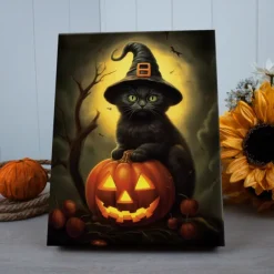 Halloween Black Cat Witch with Pumpkin LED Canvas Wall Art - Battery Operated Lighted Wall Decor for 2025 Halloween home decoration light livingroom and bedroom