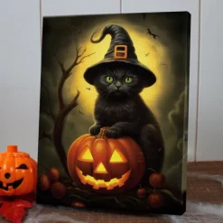 Halloween Black Cat Witch with Pumpkin LED Canvas Wall Art - Battery Operated Lighted Wall Decor for 2025 Halloween home decoration light livingroom and bedroom