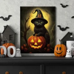 Halloween Black Cat Witch with Pumpkin LED Canvas Wall Art - Battery Operated Lighted Wall Decor for 2025 Halloween home decoration light livingroom and bedroom