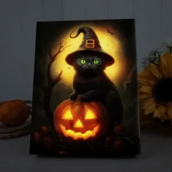 Halloween Black Cat Witch with Pumpkin LED Canvas Wall Art - Battery Operated Lighted Wall Decor for 2025 Halloween home decoration light livingroom and bedroom