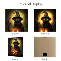 Halloween Black Cat Witch with Pumpkin LED Canvas Wall Art - Battery Operated Lighted Wall Decor for 2025 Halloween home decoration light livingroom and bedroom