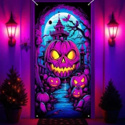 Halloween Blacklight Door Covers Door Tapestry Door Curtain Decoration Backdrop Door Banner for Front Door Farmhouse Holiday Party Indoor Outdoor Decor Supplies