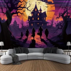 Halloween Blacklight Tapestry Haunted Castle UV Reactive Glow in the Dark Glow Party Trippy Misty Haunted House Hanging Tapestry Wall Art Mural for Living Room Bedroom