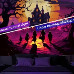 Halloween Blacklight Tapestry Haunted Castle UV Reactive Glow in the Dark Glow Party Trippy Misty Haunted House Hanging Tapestry Wall Art Mural for Living Room Bedroom