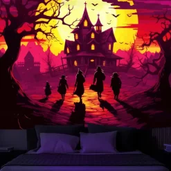 Halloween Blacklight Tapestry Haunted Castle UV Reactive Glow in the Dark Glow Party Trippy Misty Haunted House Hanging Tapestry Wall Art Mural for Living Room Bedroom