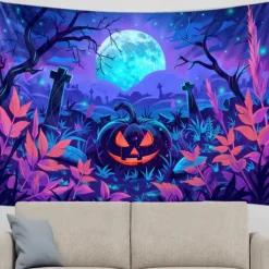 Halloween Blacklight Tapestry UV Reactive Glow in the Dark Forest Trippy Mountain Misty Graveyard Ghost Hanging Tapestry Wall Art Mural for Living Room Bedroom