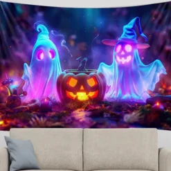 Halloween Blacklight Tapestry UV Reactive Glow in the Dark Forest Trippy Mountain Misty Graveyard Ghost Hanging Tapestry Wall Art Mural for Living Room Bedroom