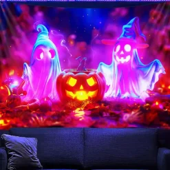 Halloween Blacklight Tapestry UV Reactive Glow in the Dark Forest Trippy Mountain Misty Graveyard Ghost Hanging Tapestry Wall Art Mural for Living Room Bedroom