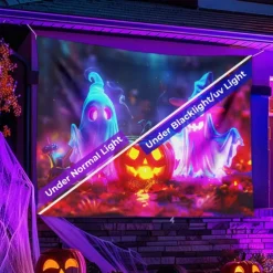 Halloween Blacklight Tapestry UV Reactive Glow in the Dark Forest Trippy Mountain Misty Graveyard Ghost Hanging Tapestry Wall Art Mural for Living Room Bedroom