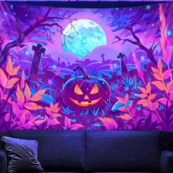 Halloween Blacklight Tapestry UV Reactive Glow in the Dark Forest Trippy Mountain Misty Graveyard Ghost Hanging Tapestry Wall Art Mural for Living Room Bedroom