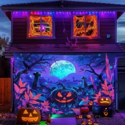 Halloween Blacklight Tapestry UV Reactive Glow in the Dark Forest Trippy Mountain Misty Graveyard Ghost Hanging Tapestry Wall Art Mural for Living Room Bedroom