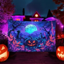 Halloween Blacklight Tapestry UV Reactive Glow in the Dark Forest Trippy Mountain Misty Graveyard Ghost Hanging Tapestry Wall Art Mural for Living Room Bedroom