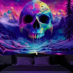Halloween Blacklight Tapestry Glow in the Dark Glow Party UV Reactive Skull Aliens Trippy Forest Misty Nature Landscape Hanging Tapestry Wall Art Mural for Living Room Bedroom