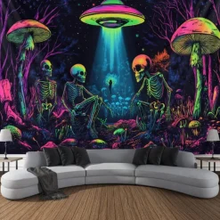 Halloween Blacklight Tapestry Glow in the Dark Glow Party UV Reactive Skull Aliens Trippy Forest Misty Nature Landscape Hanging Tapestry Wall Art Mural for Living Room Bedroom