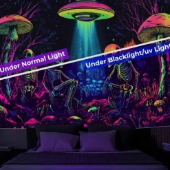 Halloween Blacklight Tapestry Glow in the Dark Glow Party UV Reactive Skull Aliens Trippy Forest Misty Nature Landscape Hanging Tapestry Wall Art Mural for Living Room Bedroom