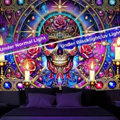 Halloween Blacklight Tapestry Glow in the Dark Glow Party UV Reactive Skull Trippy Misty Nature Landscape Hanging Tapestry Wall Art Mural for Living Room Bedroom