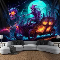 Halloween Blacklight Tapestry Skull Car UV Reactive Glow in the Dark Glow Party Psychedelic Trippy Misty Hanging Tapestry Wall Art Mural for Living Room Bedroom