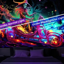 Halloween Blacklight Tapestry Skull Car UV Reactive Glow in the Dark Glow Party Psychedelic Trippy Misty Hanging Tapestry Wall Art Mural for Living Room Bedroom