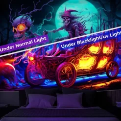 Halloween Blacklight Tapestry Skull Car UV Reactive Glow in the Dark Glow Party Psychedelic Trippy Misty Hanging Tapestry Wall Art Mural for Living Room Bedroom