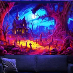 Halloween Blacklight Tapestry UV Reactive Glow in the Dark Forest Trippy Mountain Misty Graveyard Ghost Hanging Tapestry Wall Art Mural for Living Room Bedroom