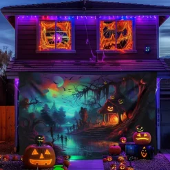 Halloween Blacklight Tapestry UV Reactive Glow in the Dark Forest Trippy Mountain Misty Graveyard Ghost Hanging Tapestry Wall Art Mural for Living Room Bedroom