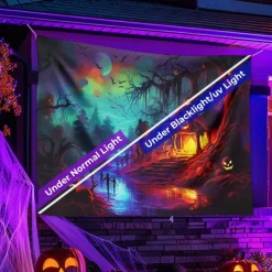 Halloween Blacklight Tapestry UV Reactive Glow in the Dark Forest Trippy Mountain Misty Graveyard Ghost Hanging Tapestry Wall Art Mural for Living Room Bedroom