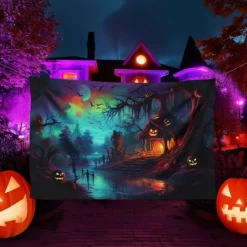 Halloween Blacklight Tapestry UV Reactive Glow in the Dark Forest Trippy Mountain Misty Graveyard Ghost Hanging Tapestry Wall Art Mural for Living Room Bedroom
