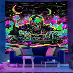 Halloween Blacklight Tapestry UV Reactive Glow in the Dark Glow Party Neon DJ Skulls Trippy Misty Hanging Tapestry Wall Art Mural for Living Room Bedroom