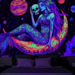 Halloween Blacklight Tapestry Glow in the Dark Glow Party UV Reactive Skull Snake Woman Creepy Trippy Misty Hanging Tapestry Wall Art Mural for Living Room Bedroom