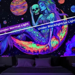Halloween Blacklight Tapestry Glow in the Dark Glow Party UV Reactive Skull Snake Woman Creepy Trippy Misty Hanging Tapestry Wall Art Mural for Living Room Bedroom
