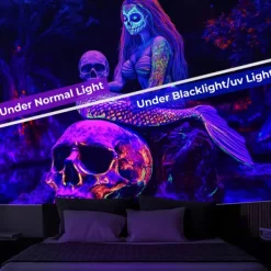 Halloween Blacklight Tapestry Glow in the Dark Glow Party UV Reactive Skull Snake Woman Creepy Trippy Misty Hanging Tapestry Wall Art Mural for Living Room Bedroom